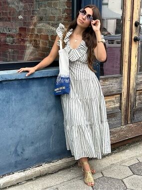 Striped Ruffle Tiered Maxi Dress in White and Gray